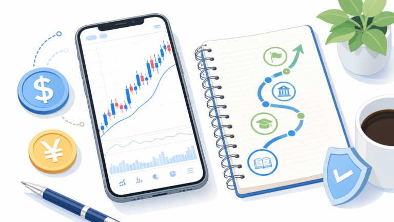 FX初心者がスマホとノートで為替の学習を始めるイメージ